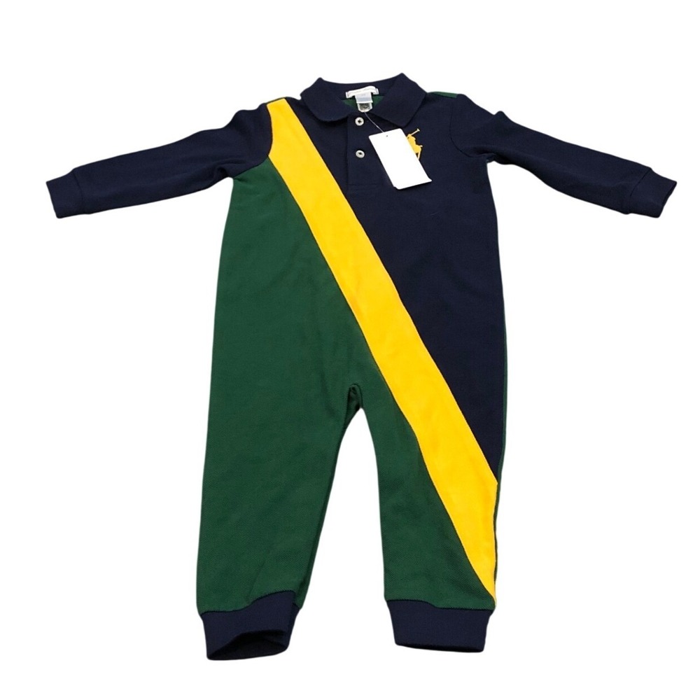 Ralph Lauren Coverall Baby Boy 12M Navy Green Yellow Colorblock Polo Romper